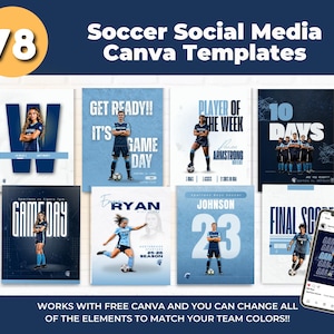 Könnte beinhalten: Eine Sammlung von 78 Canva-Vorlagen für Social-Media-Fußball. Die Vorlagen zeigen Spieler, Spielankündigungen und Teamgrafiken in Blau- und Weißtönen. Der Text enthält "Game Day" und "Player of the Week."