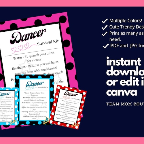 EDITABLE Dance Survival Kit Printable Gift Bag Printable - Etsy