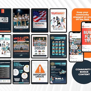May include: A collection of digital displays and mobile devices showcasing sports-related content. The screens display text such as "Cancelled", "Tournament", and "Important Update". The color scheme includes blue, orange, and white.