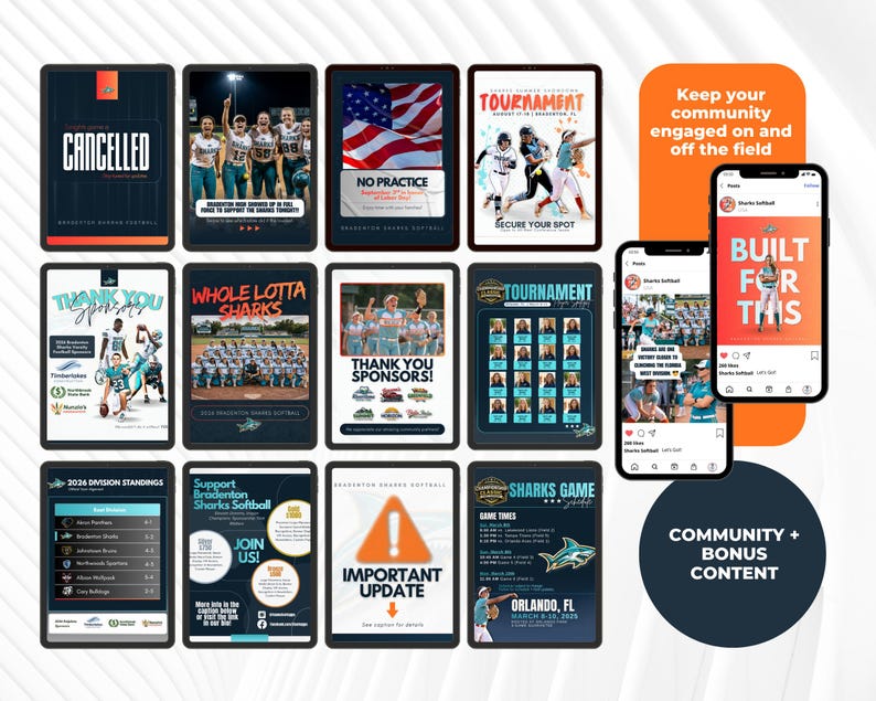 May include: A collection of digital displays and mobile devices showcasing sports-related content. The screens display text such as "Cancelled", "Tournament", and "Important Update". The color scheme includes blue, orange, and white.