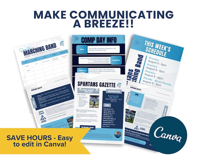 May include: A collection of blue and white documents with text, including a marching band schedule, competition day information, and a weekly schedule. The documents are labeled "Spartans Gazette" and "Canva". The text "Make Communicating a Breeze!!" is at the top.