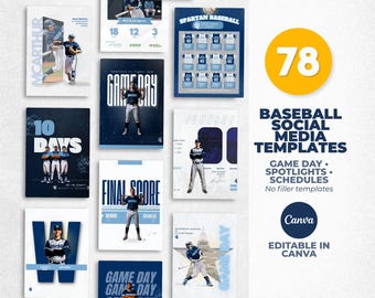 Paquete de plantillas de Canva para béisbol / 78 plantillas para redes sociales para equipos / Día del partido, perfiles de jugadores, calendarios