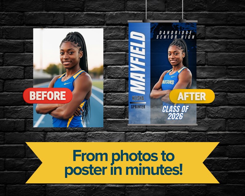 Pu&ograve; includere: Una visualizzazione grafica digitale che mostra un confronto prima e dopo del ritratto di una velocista. La versione dopo &egrave; un poster con il testo MAYFIELD, DANDRIDGE SENIOR HIGH, KEISHA SPRINTER e CLASS OF 2026. Un banner giallo riporta From photos to poster in minutes!