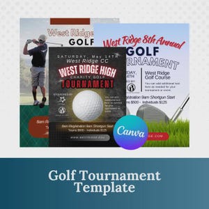 Pu&ograve; includere: Un modello di torneo di golf con tre volantini promozionali. I volantini hanno un tema golfistico con immagini di un golfista, una pallina da golf e una mazza da golf. Il testo include "West Ridge Golf" e "West Ridge High Charity Golf Tournament."