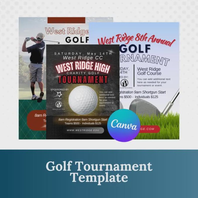 Pu&ograve; includere: Un modello di torneo di golf con tre volantini promozionali. I volantini hanno un tema golfistico con immagini di un golfista, una pallina da golf e una mazza da golf. Il testo include "West Ridge Golf" e "West Ridge High Charity Golf Tournament."