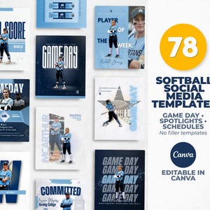 May include: A collection of 78 softball social media templates in shades of blue and white. The templates include game day announcements, player spotlights, and schedules. The text includes "Final Score", "Game Day", and "Player of the Week".