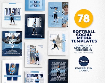 Softball Canva Templates Bundle | 78 Social Media Templates for Teams | Game Day, Player Spotlights, Schedules