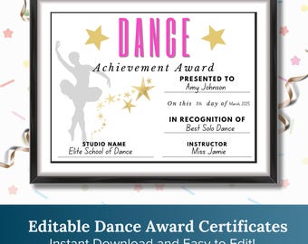 Dance Award Certificate | End of Year Dance Award | Dance Recognition | Editable Dance Award