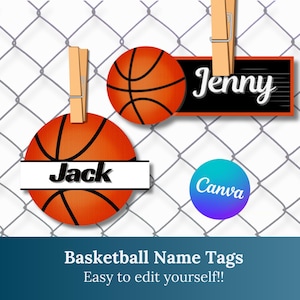 Plantillas personalizables para etiquetas con nombre de baloncesto / Imprimibles de baloncesto / Ideas para equipos de baloncesto / Etiquetas de regalo de baloncesto