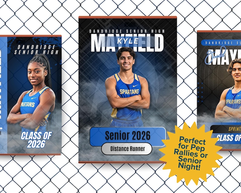 Pu&ograve; includere: Tre poster rettangolari con atleti della Dandridge Senior High in uniformi blu e oro degli Spartans. I poster mostrano nomi, Class of 2026 e ruoli come Distance Runner. Un grafico a stella gialla riporta la scritta Perfect for Pep Rallies.