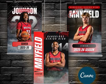 May include: Three vertical sports banners featuring Dandridge Senior High basketball players in red Wolfpack jerseys. Each banner displays the player's name, position, and the 2025-26 season text. The designs include basketball graphics and smoke effects.