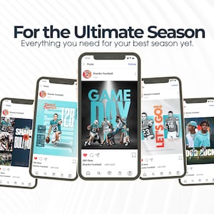 May include: Five smartphones displaying social media posts from Sharks Football. The top text reads For the Ultimate Season, Everything you need for your best season yet. The screens show various football graphics, game day imagery, and team photos.