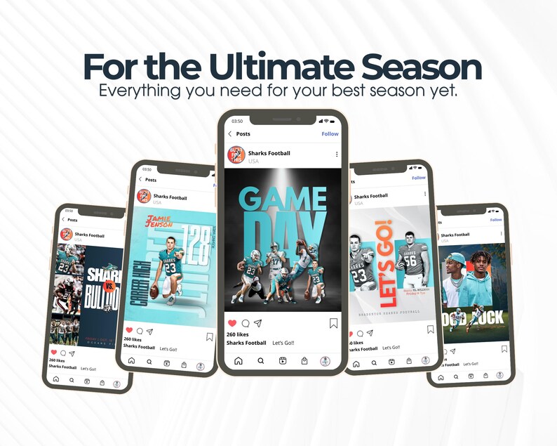 May include: Five smartphones displaying social media posts from Sharks Football. The top text reads For the Ultimate Season, Everything you need for your best season yet. The screens show various football graphics, game day imagery, and team photos.