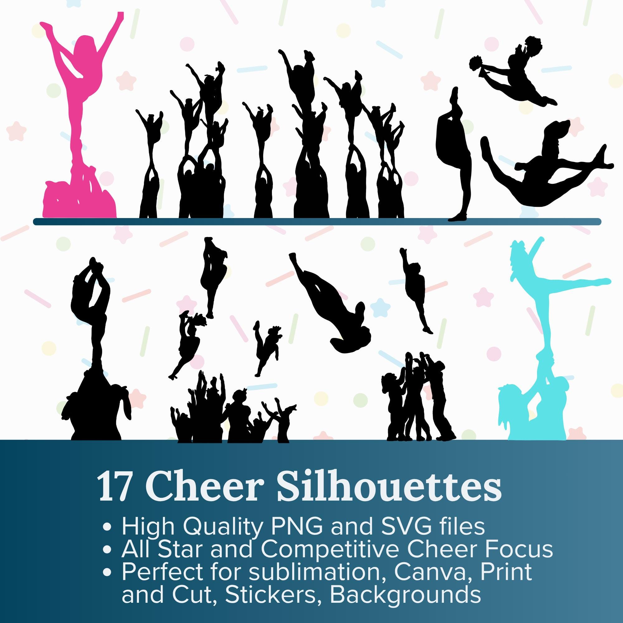 Cheer Silhouettes SVG + PNG Bundle | 17 All Star Poses | Editable for Shirts, Stickers, Canva, Sublimation