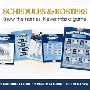 May include: A collection of baseball team schedules and rosters. The designs feature a navy blue and white color scheme with team logos and player information. Text includes "Schedules & Rosters" and "Know the names. Never miss a game."