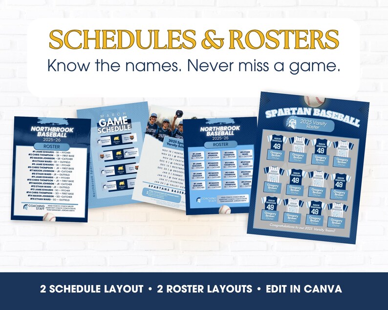 May include: A collection of baseball team schedules and rosters. The designs feature a navy blue and white color scheme with team logos and player information. Text includes "Schedules & Rosters" and "Know the names. Never miss a game."