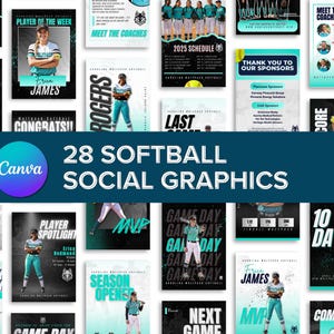 以下が含まれることがあります： ソフトボールのソーシャルメディアグラフィック28枚のコレクション。グラフィックは、選手スポットライト、試合日の発表、スポンサーへの感謝、チームスケジュールを備えた、ティールと白のデザインが特徴です。 Canvaのロゴが表示されています。