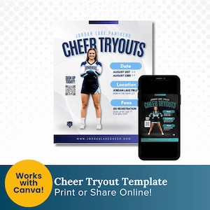 May include: A digital flyer template for Jordan Lake Panthers cheer tryouts featuring a cheerleader in a navy and white uniform. The flyer includes event dates, location, fees, a QR code, and a website link. A smartphone displays the same design.