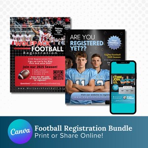 May include: A bundle of football registration materials, including flyers and a smartphone screen. The flyers feature team logos, player images, and registration details. The smartphone displays a registration website. The Canva logo is visible.