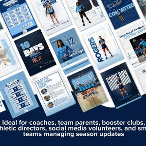 Puede incluir: Una colecci&oacute;n de plantillas gr&aacute;ficas digitales para actualizaciones en redes sociales de equipos de voleibol, con esquemas de color azul y blanco, fotos de jugadores, calendarios de juegos, perfiles de entrenadores y tipograf&iacute;a.