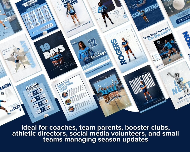 Puede incluir: Una colecci&oacute;n de plantillas gr&aacute;ficas digitales para actualizaciones en redes sociales de equipos de voleibol, con esquemas de color azul y blanco, fotos de jugadores, calendarios de juegos, perfiles de entrenadores y tipograf&iacute;a.