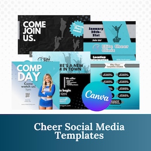 May include: Four colourful social media templates for a cheerleading clinic. The templates feature a blue and white colour scheme with images of cheerleaders. The text on the templates includes "Come Join Us", "Comp Day", "Tryouts Start Soon", "January 28th-31st", "Elite Cheer Clinic", "Location Information", "Skills You'll Learn", "Elite Cheer Competition Schedule", "We offer", "Levels 1-4", "Tumbling Classes", "Tryouts Begin 12th", "Sister Day", and "Canva".