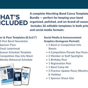 May include: A complete Marching Band Canva Template Bundle, including letter and flyer templates, and social media graphics. The image shows a newsletter, two smartphones, and a tablet. The text includes "What's Included" and a list of templates.