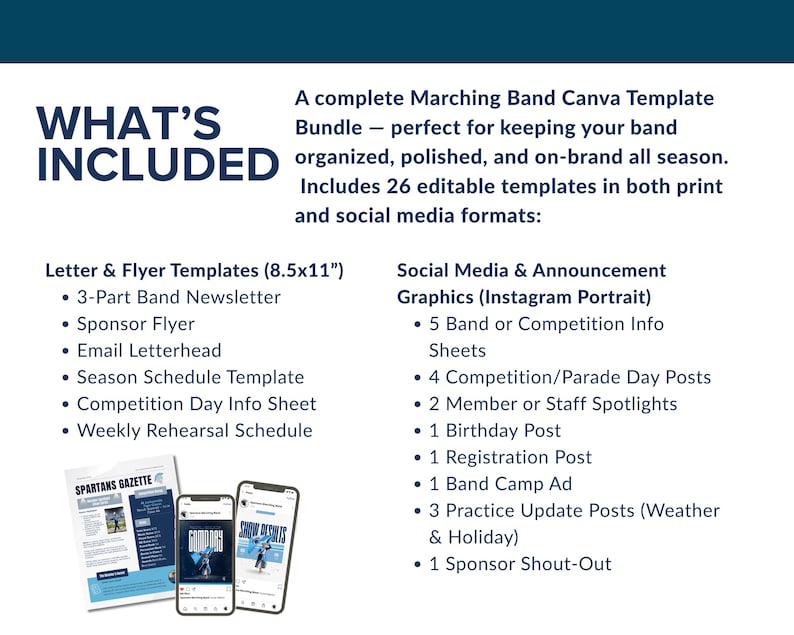 May include: A complete Marching Band Canva Template Bundle, including letter and flyer templates, and social media graphics. The image shows a newsletter, two smartphones, and a tablet. The text includes "What's Included" and a list of templates.