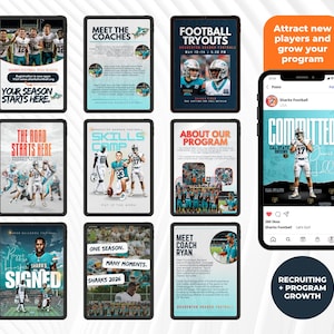May include: A collection of digital marketing templates for a football program, displayed on tablets and a smartphone. The designs feature team photos, player graphics, and text such as Football Tryouts, Skills Camp, and Committed, using teal and white colors.