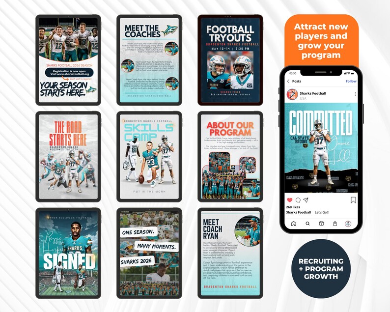 May include: A collection of digital marketing templates for a football program, displayed on tablets and a smartphone. The designs feature team photos, player graphics, and text such as Football Tryouts, Skills Camp, and Committed, using teal and white colors.
