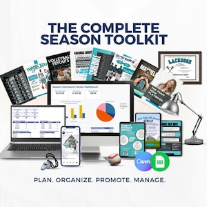 Peut inclure: Le Complete Season Toolkit comprend un ordinateur portable, un smartphone et un écran affichant un tableau de bord Season Command Center avec des graphiques. Divers dépliants, un certificat de crosse encadré, une balle de baseball, un sifflet et une lampe de bureau sont visibles.