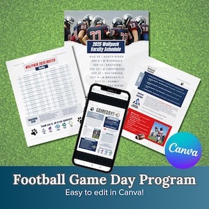 Op de afbeelding: Een ontwerp voor een voetbalwedstrijddagprogramma met een groene achtergrond. Het ontwerp bevat een schema, een roster en een smartphone met een wedstrijddagprogramma. De tekst luidt "2025 Wolfpack Varsity Schedule" en "GAMEDAY!!".