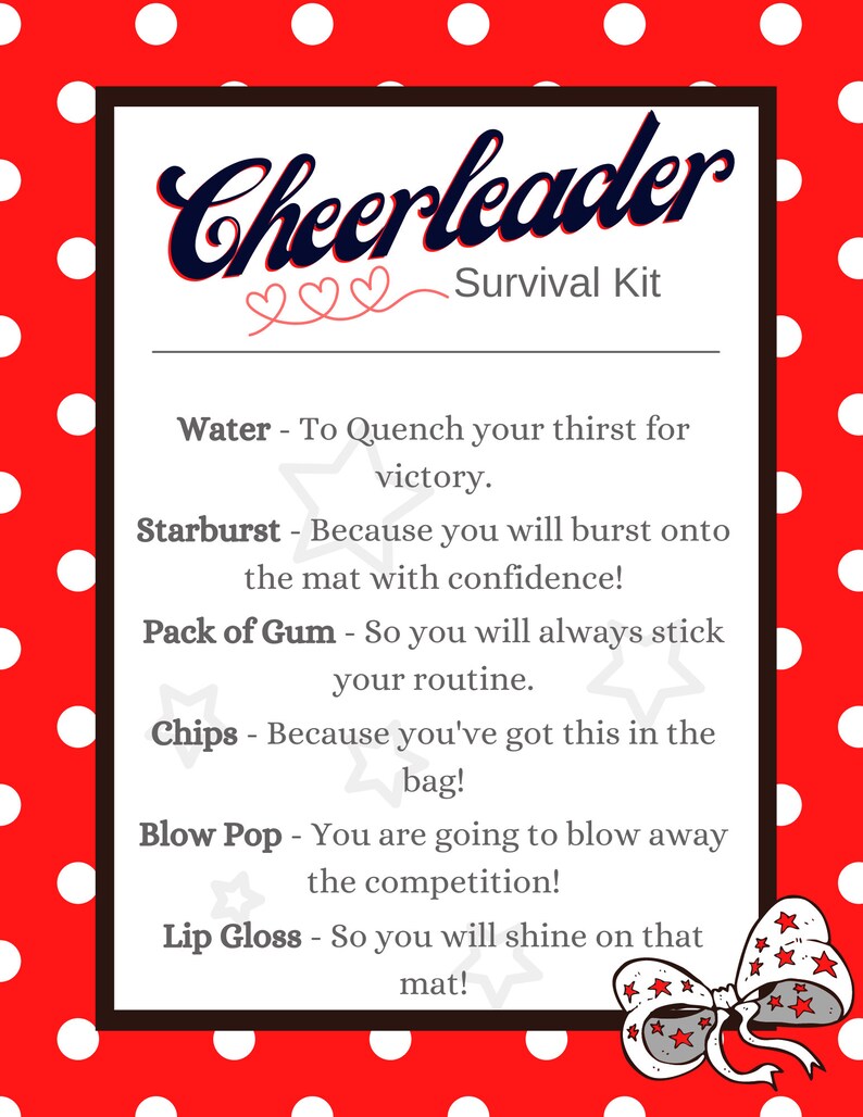May include: A red and white polka dot background with a white card that says "Cheerleader Survival Kit" in black text. The card lists items for a cheerleader's survival kit with a funny description for each item.