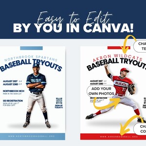 May include: Two baseball tryout flyers. The left flyer is light blue with a baseball player in a blue uniform. The right flyer is red with a baseball player in a red uniform. Text includes "Baseball Tryouts" and "Sign up today!"
