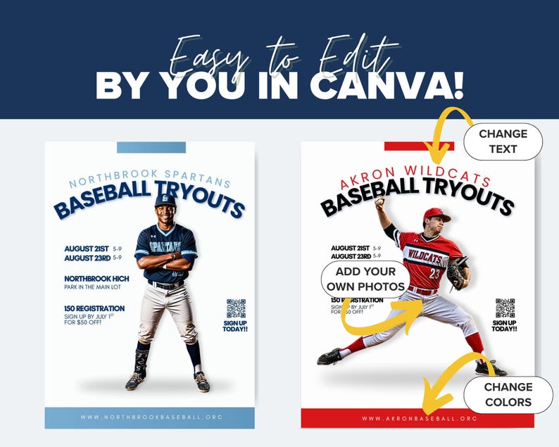 May include: Two baseball tryout flyers. The left flyer is light blue with a baseball player in a blue uniform. The right flyer is red with a baseball player in a red uniform. Text includes "Baseball Tryouts" and "Sign up today!"