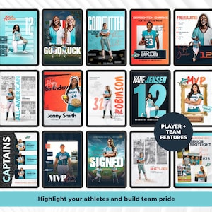 May include: A collection of digital sports graphics on tablets, featuring athletes in action. Each graphic displays player names, numbers, and team logos, with text like "Good Luck," "MVP," and "Signed." The graphics are in various colors, including teal, orange, and blue.