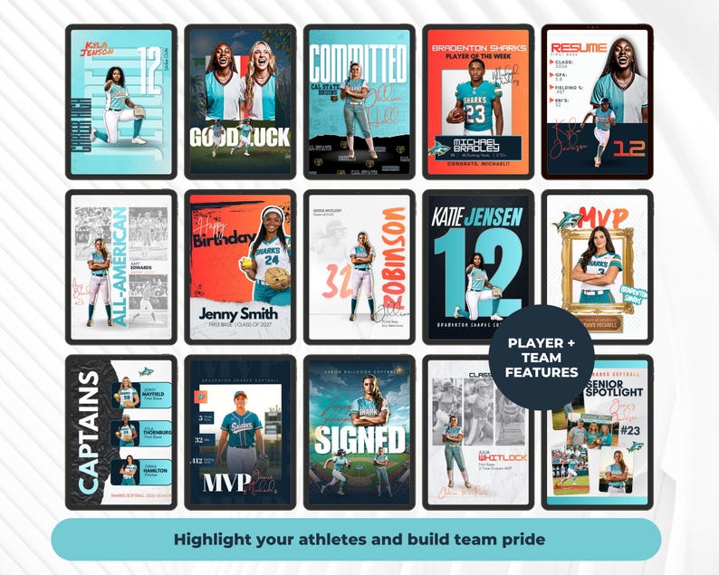 May include: A collection of digital sports graphics on tablets, featuring athletes in action. Each graphic displays player names, numbers, and team logos, with text like "Good Luck," "MVP," and "Signed." The graphics are in various colors, including teal, orange, and blue.