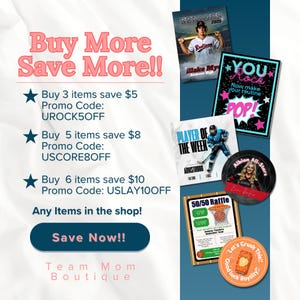 Pu&ograve; includere: Grafica promozionale con testo "Buy More Save More!!" e dettagli sugli sconti. Include immagini a tema sportivo, un ritratto di studente senior e grafiche circolari con testo come "YOU Rock" e "Albion All-Stars."
