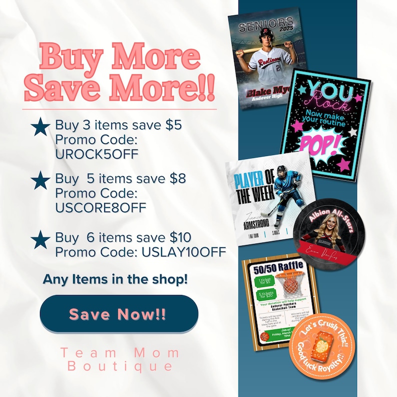 Pu&ograve; includere: Grafica promozionale con testo "Buy More Save More!!" e dettagli sugli sconti. Include immagini a tema sportivo, un ritratto di studente senior e grafiche circolari con testo come "YOU Rock" e "Albion All-Stars."