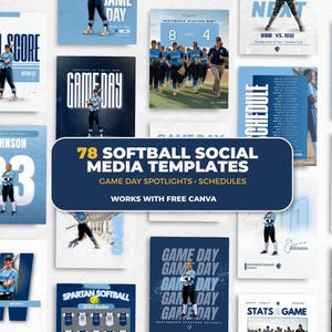 May include: A selection of 78 softball social media templates in blue and white. The templates feature game day spotlights, schedules, and player profiles. Text includes "Final Score", "Game Day", and "Stats & Game".