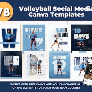 Peut inclure: Ensemble de 78 modèles Canva pour les réseaux sociaux de volley-ball. Les modèles présentent des joueurs de volley-ball et incluent du texte tel que "Game Day", "Player of the Week" et "Final Score". Les modèles sont en nuances de bleu et de blanc.