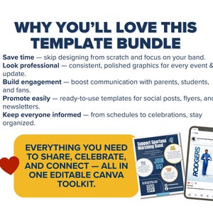 May include: A graphic promoting a template bundle with the text "WHY YOU'LL LOVE THIS TEMPLATE BUNDLE". The image includes a heart, a yellow rectangle with text, a flyer, and a smartphone displaying a band graphic.