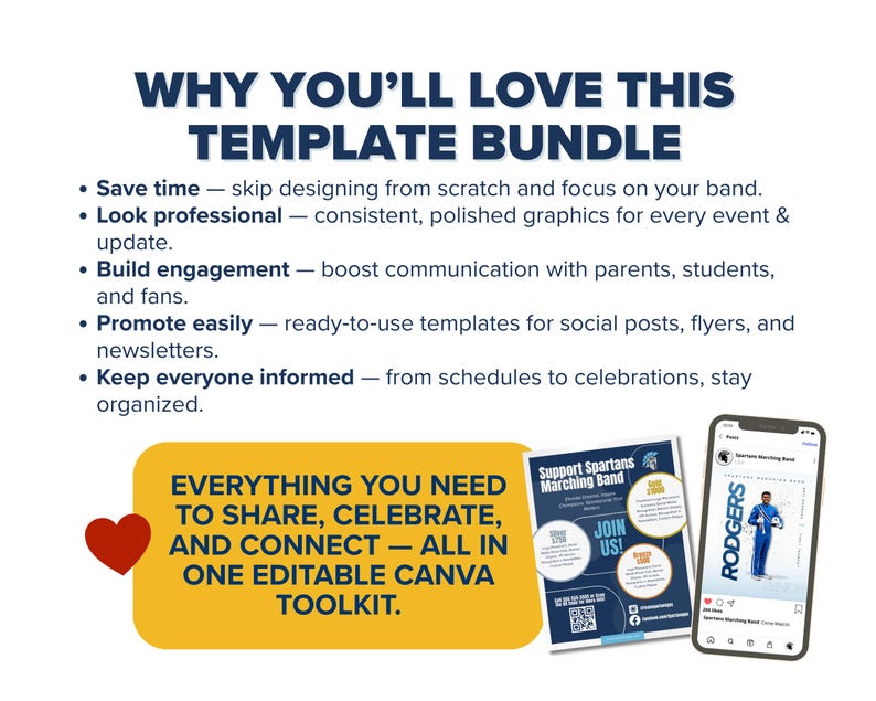 May include: A graphic promoting a template bundle with the text "WHY YOU'LL LOVE THIS TEMPLATE BUNDLE". The image includes a heart, a yellow rectangle with text, a flyer, and a smartphone displaying a band graphic.
