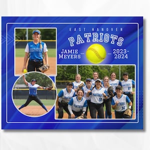 May include: A blue sports collage print featuring East Hanover Patriots text, a yellow softball, and the name Jamie Meyers 2023-2024. The design includes two rectangular and circular photo frames showing softball players in blue and white uniforms.