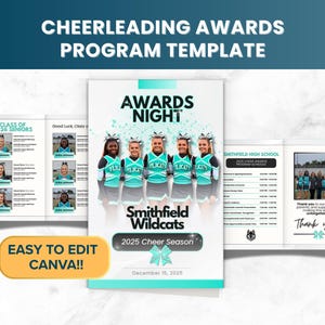 May include: A cheerleading awards program template with the text "Cheerleading Awards Program Template". The program features photos of cheerleaders, event schedules, and the text "Awards Night". The template is easy to edit in Canva.