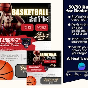 May include: A 50/50 raffle ticket design template for a basketball game fundraiser. The template features a basketball, a panther mascot, and the text "Basketball Raffle". The text "Your donation will help support the Andover Panthers Basketball Team" is also included. The template is customisable with team colours and a logo.