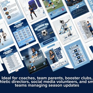 May include: A collection of digital sports graphic templates featuring blue and white color schemes. The designs include layouts for team rosters, game schedules, tournament announcements, player profiles, and birthday graphics for soccer and baseball.