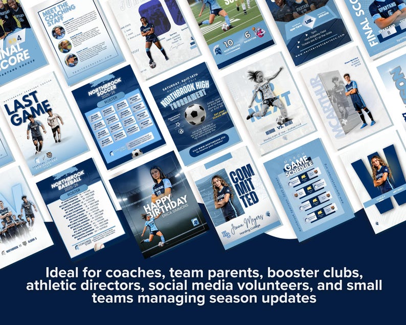 May include: A collection of digital sports graphic templates featuring blue and white color schemes. The designs include layouts for team rosters, game schedules, tournament announcements, player profiles, and birthday graphics for soccer and baseball.
