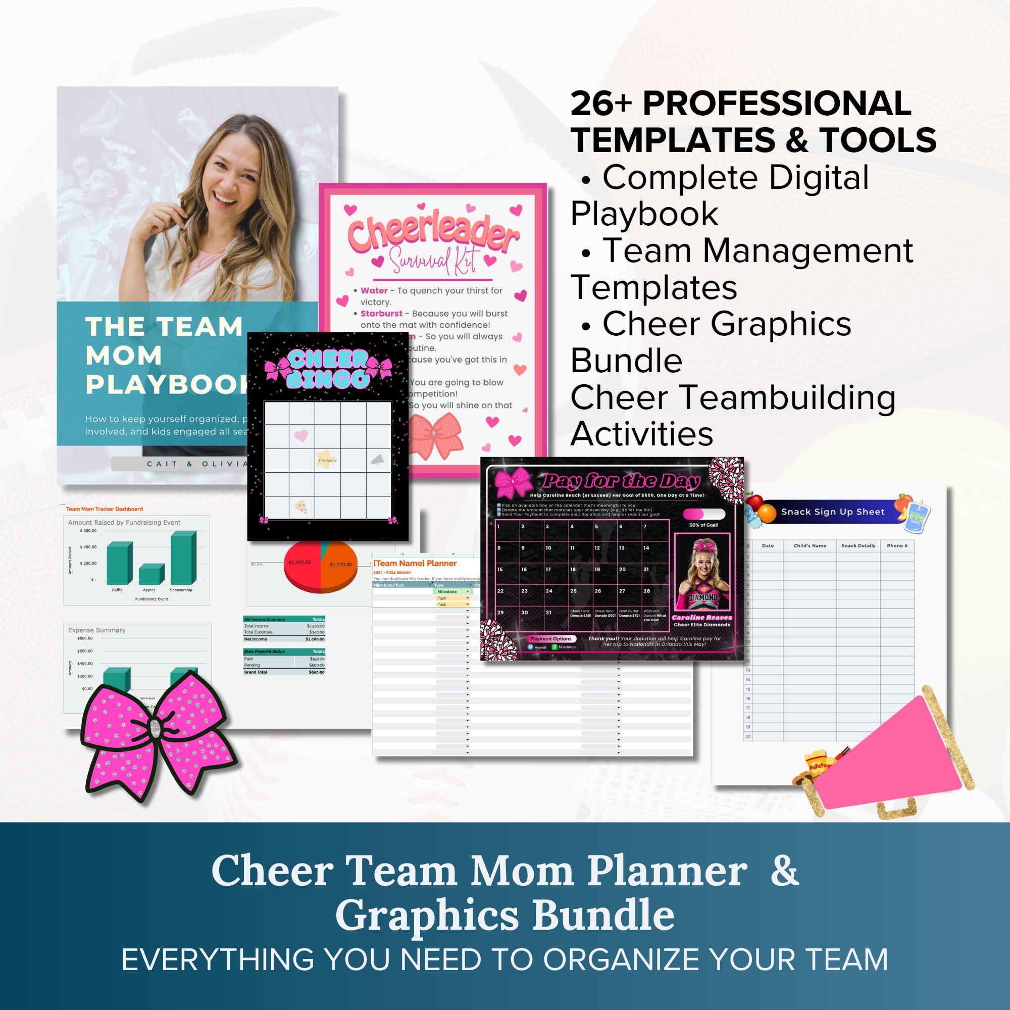 Cheer Mom Planner & Activity Bundle | Editable Canva Templates, Team Organizer, Printables, PNG Graphics, Team Building Tools