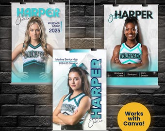 May include: Three vertical banners featuring cheerleaders in white and teal uniforms with the text Harper, Julia, Wolfpack Cheer, 2025, Medina Senior High, 2024-25 Season, and Backspot. A yellow circle with the text Works with Canva is included.